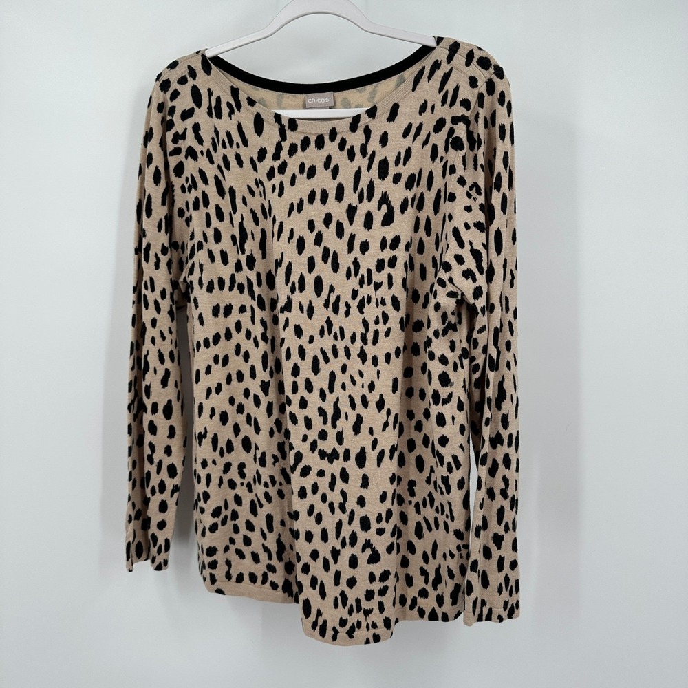 Chicos Womens Leopard Print Scoop Neck Lightweight Sweater Size 2 US L Bold